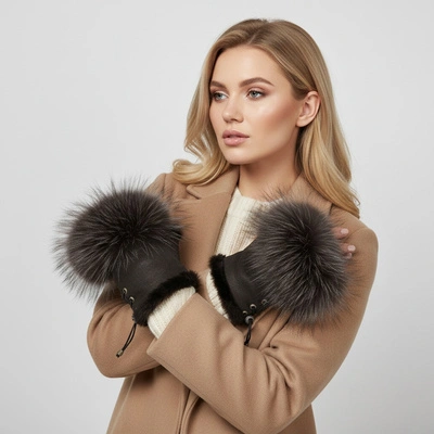 Rukavice Bez Prstů LUKA-PELLI - Rękawiczki Bez Palców Z Naturalnym Futrem Jenot Czekolada