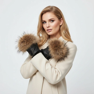 Rukavice LUKA-PELLI - Rękawiczki Bez Palców Z Naturalnym Futrem Jenot Brąz